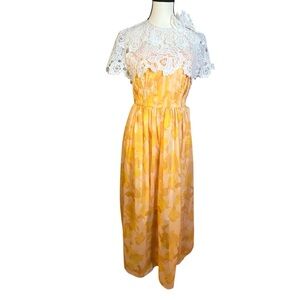 Vintage Yellow Floral Maxi Dress Lace Top Womens Size Small Prairie Retro Whimsy